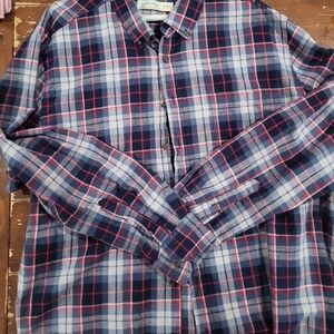 Faded Glory Navy Blue, White & Red Plaid Button-Down Shirt